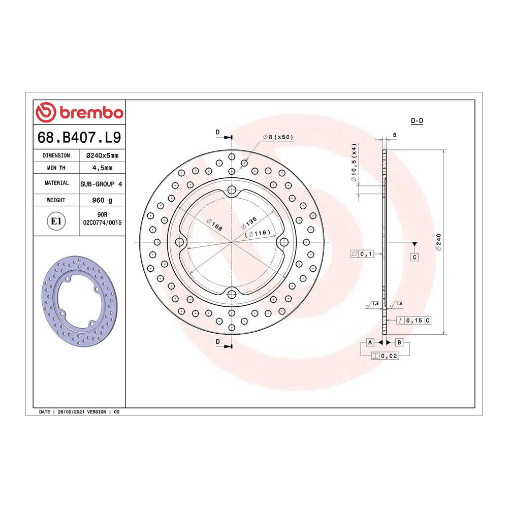 Brembo Prime Brake Disc Serie Oro Rear 68B407L9